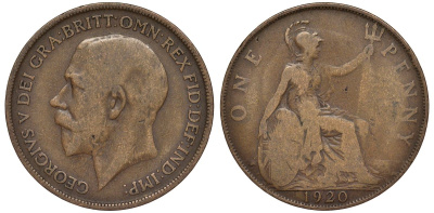 Великобритания 1 пенни 1920 Георг V (1910-1936) KM 810, Spink 4051 бронза 4123-1124