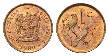 ЮАР 1 цент 1989 герб, капские воробьи KM 82 бронза UNC 4690-1251