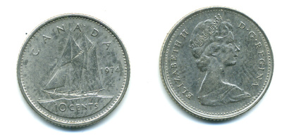 КАНАДА 10 ЦЕНТОВ 1974 ПАРУСНИК KM 77.1 никель 4383-426