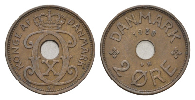 Дания 2 эре 1938 N, Кристиан X (1912-1947) KM 827 бронза 4701-865