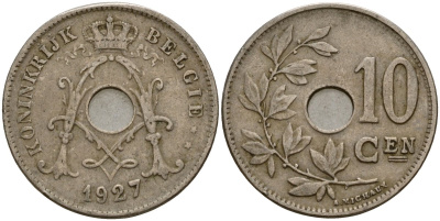 Бельгия 10 сантимов 1927 Belgie KM 86 медно-никель 4159-554