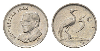 ЮАР 5 центов 1968 Окончание президентства Чарльза Сварта, Suid Africa, легенда на африкаанс KM 76.2 никель 4694-348