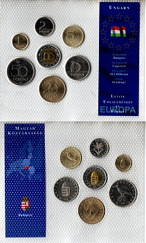 Венгрия набор из 7 монет (1, 2, 5, 10, 20, 50 и 100 форинтов) 1994, 1997, 2001, 2003 в красочной упаковке с информацией о стране KM 692, 693, 694, 695, 696, 697 и 721 UNC 2-6-3-111
