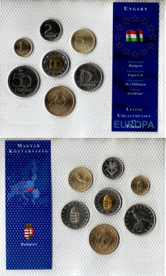 Венгрия набор из 7 монет (1, 2, 5, 10, 20, 50 и 100 форинтов) 1994, 1997, 2001, 2003 в красочной упаковке с информацией о стране KM 692, 693, 694, 695, 696, 697 и 721 UNC 2-6-3-111