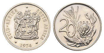 ЮАР 20 центов 1974 герб, цветок протея KM 86 никель PROOF 4693-521