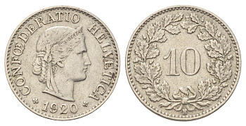 Швейцария 10 раппенов 1920 B KM 27 медно-никель 4708-1054