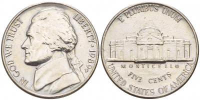 США 5 ЦЕНТОВ 1989 D, ДЖЕФФЕРСОН KM А192 медно-никель 4546-1217