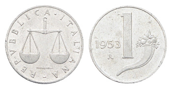 Италия 1 лира 1953 KM 91 алюминий 4705-611