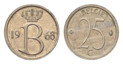 Бельгия 25 сантимов 1968 Belgie, Бодуэн I (1951-1993) KM 154 медно-никель 4705-348
