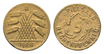 Германия игровой жетон в 5 рентенпфеннигов 1924 диаметр 18 мм, вес 0,2 гр картон 4702-1014