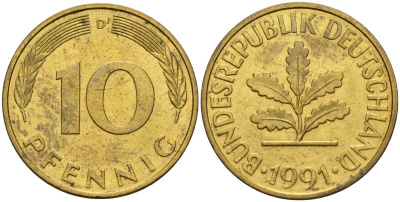 ФРГ 10 пфеннигов 1991 D KM 108, J. 383 сталь плакированная латунью 4175-444