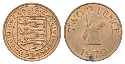 Гернси 2 пенса 1979 Елизавета II (1952-2022), ветряная мельница KM 28 бронза 4703-1147