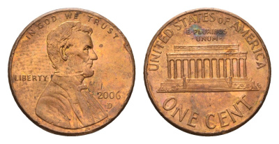 США 1 цент 2006 D, Линкольн KM 201b цинк плакированный медью UNC 188-957
