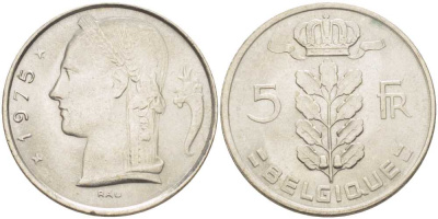 БЕЛЬГИЯ 5 ФРАНКОВ 1975 BELGIQUE, БОДУЭН I (1951-1993) KM 134.1 медно-никель 202-1253