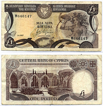 Кипр 1 фунт 1987 1 апреля 1987 Pick 53 a бумага 8564-53-2-2