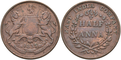 Британская Индия 1/2 анна 1835 M, Британская Ост-Индская компания, Мадрас, диаметр 30,8 мм. KM 447.1 медь 88-934