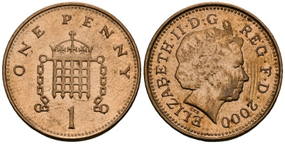 Великобритания 1 пенни 2000 Елизавета II (1952-2022) KM 986, Spink 4710 (B5) сталь плакированная бронзой 4167-1242