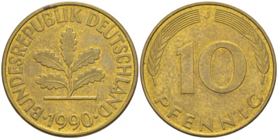 ФРГ 10 ПФЕННИГОВ 1990 J KM 108, J.383 сталь плакированная латунью 3718-842