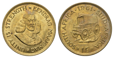 ЮАР 1 цент 1961 Ян ван Рибек KM 57 латунь UNC 4692-234