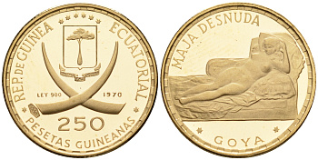 Экваториальная Гвинея 250 песет 1970 Гойя - Маха обнаженная KM 20.1 золото PROOF 00-00