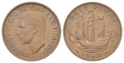 Великобритания 1/2 пенни 1949 Георг VI (1936-1952) KM 868, Spink 4118 бронза 4707-1051