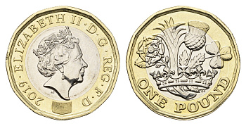 Великобритания 1 фунт 2019 Елизавета II (1952-2022) KM 1378, Spink J39 биметалл UNC 4691-851