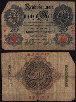 Германия 20 марок 1907 Pick 28 b бумага 6293-21-3-2