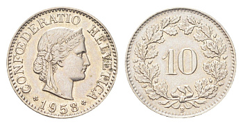 Швейцария 10 раппенов 1958 B KM 27 медно-никель 4708-211