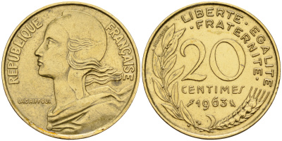 Франция 20 сантимов 1963 тип Марианна KM 930 медь алюминий никель    4153-354