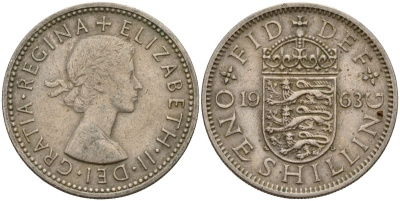 Великобритания 1 шиллинг 1963 Елизавета II (1952-2022), Английский герб KM 904, Spink 4147 медно-никель 4150-746