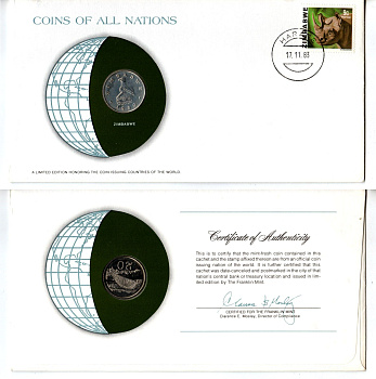 Зимбабве 20 центов 1980 конверт с маркой первого дня гашения, Coins of Nations KM 4 медно-никель UNC 4294-74-2