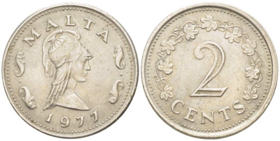 Мальта 2 цента 1977 Пентесилея, царица амазонок KM 9 медь цинк 4523-1027