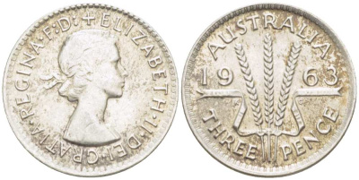 Австралия 3 пенса 1963 m, Елизавета II (1952-2022) KM 57 серебро 4516-157