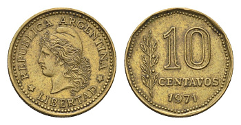 Аргентина 10 сентаво 1971 KM 66 латунь 4696-1067