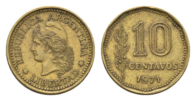 Аргентина 10 сентаво 1971 KM 66 латунь 4696-1067