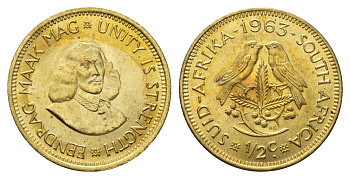 ЮАР 1/2 цента 1963 Ян ван Рибек KM 56 латунь UNC 4693-524