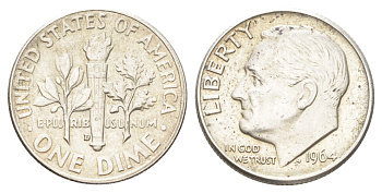 США 1 дайм (10 центов) 1964 D KM 195 серебро 4658-1157