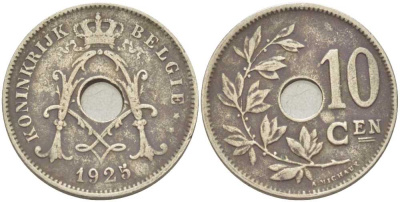 БЕЛЬГИЯ 10 САНТИМОВ 1925 BELGIE KM 86 медно-никель 212-937