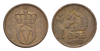 Норвегия 1 эре 1959 Улаф V (1957-1991) KM 403 бронза 4702-536