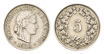 Швейцария 5 раппенов 1930 B KM 26 медно-никель 4705-1225