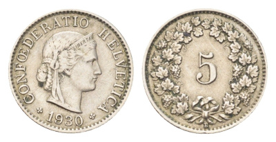 Швейцария 5 раппенов 1930 B KM 26 медно-никель 4705-1225