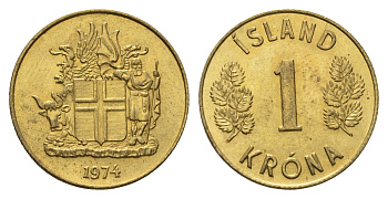 Исландия 1 крона 1974 KM 12a никель латунь UNC 4695-536