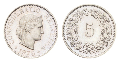 Швейцария 5 раппенов 1975 KM 26 медно-никель UNC 4705-1264