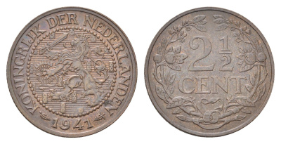 Нидерланды 2 1/2 цента 1941 Вильгельмина (1890-1948) KM 150 бронза 4706-1223