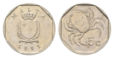 Мальта 5 центов 1991 краб KM 95 медно-никель 4702-469
