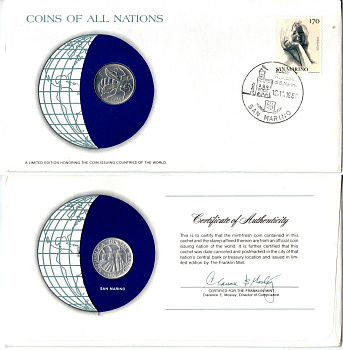 Сан-Марино 10 лир 1974 конверт с маркой первого дня гашения, Coins of Nations KM 33 алюминий UNC 4294-62-3