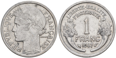 Франция 1 франк 1947 тип Морлон KM 885а.1 алюминий    4153-427