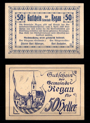 Австрия, Регау 50 геллеров 1920 Jaksc/Pick JPR0825-50 бумага UNC (пресс) 2193-40-3-2