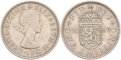 Великобритания 1 шиллинг 1963 Елизавета II (1952-2022), Шотландский герб KM 905, Spink 4148 медно-никель 4556-644