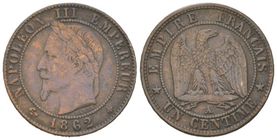 Франция 1 сантим 1862 A, Наполеон III (1852-1870) KM 795.1 бронза 4617-727